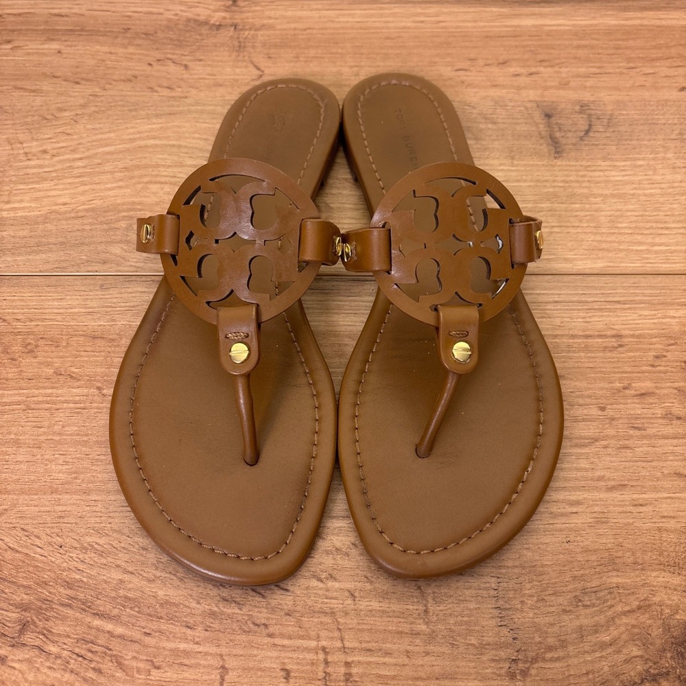 TORY BURCH Miller Thong Sandals Vintage Vachetta Tan Women Size 8.5 Leather Flat